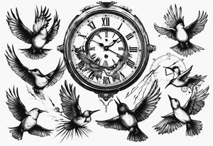 clock explodes into birds tattoo idea