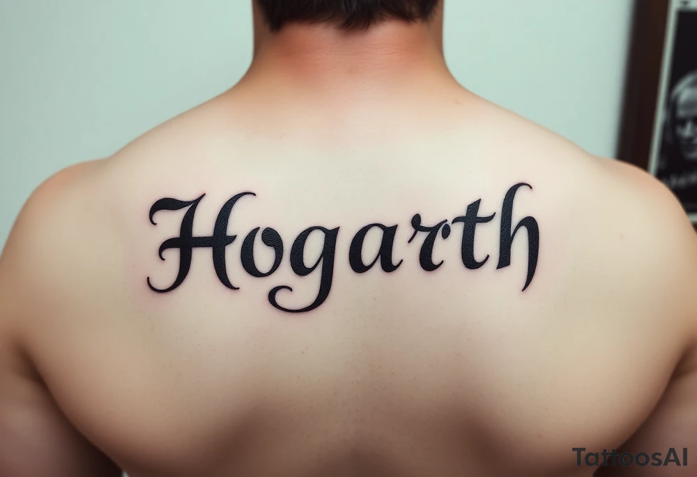 Hogarth in calligraphy style lettering thin with like cursive writing in the middle of my back at the top just under my neck tattoo idea