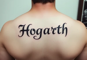 Hogarth in calligraphy style lettering thin with like cursive writing in the middle of my back at the top just under my neck tattoo idea
