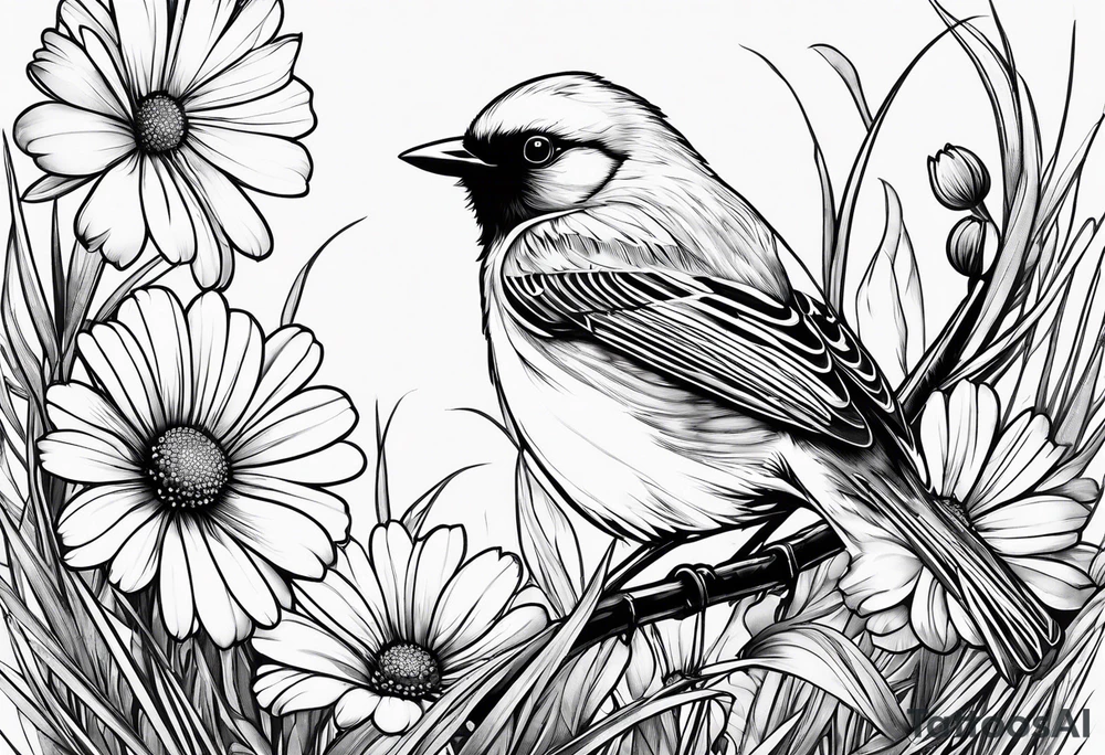 Fine line Little bird perched in grass with a daisy tattoo idea