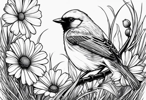 Fine line Little bird perched in grass with a daisy tattoo idea