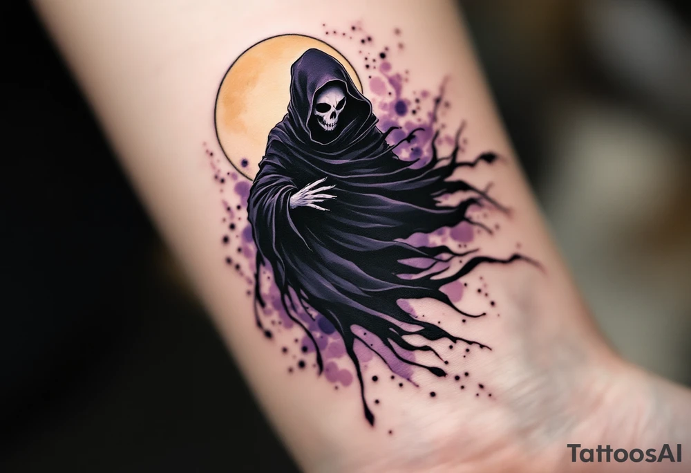 A Reaper with a tattered black cloak blowing in a violet wind under a pale yellow moon. tattoo idea