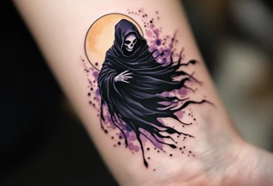 A Reaper with a tattered black cloak blowing in a violet wind under a pale yellow moon. tattoo idea