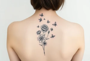 In a vertical line and individual water lily, rose, violet and narcissus. Surrounded by small delicate butterflies 

Not a bouquet tattoo idea