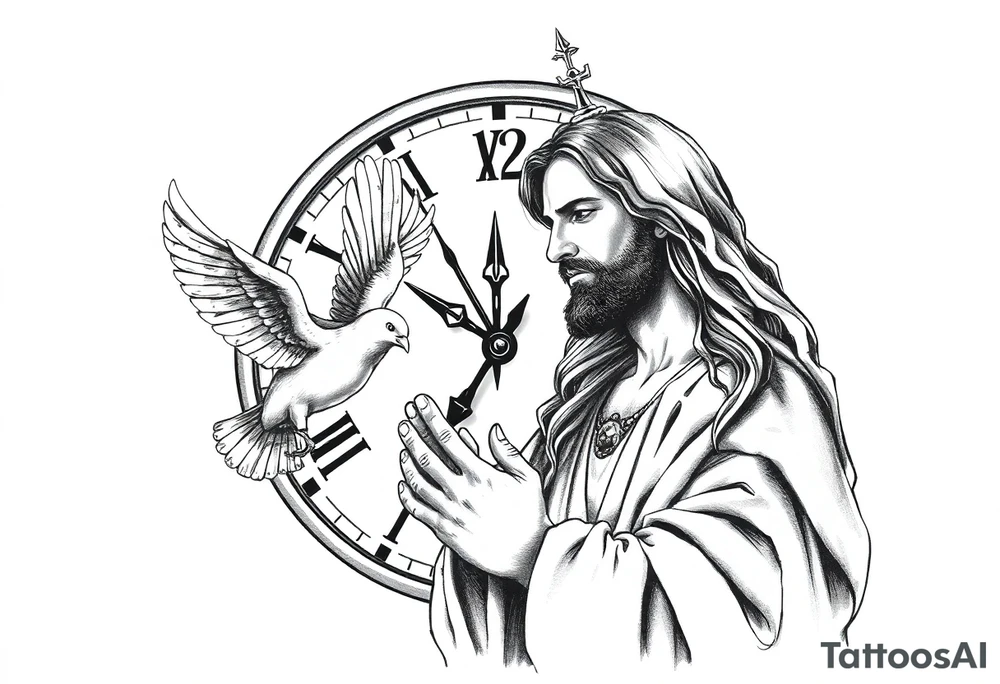 Clock in background, jesus praying, the creation of adam, dove tattoo idea