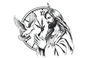 Clock in background, jesus praying, the creation of adam, dove tattoo idea