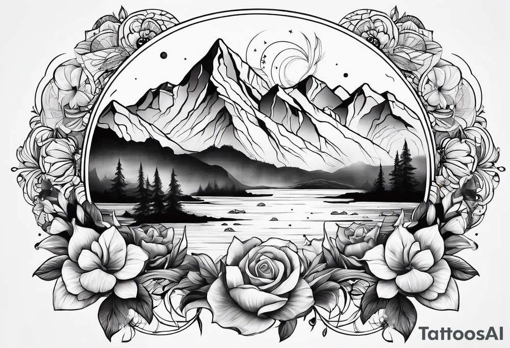 Compass with mountains and moons and flowers like roses or orchids tattoo idea
