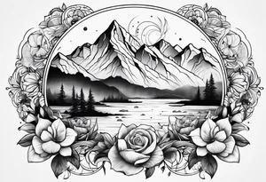 Compass with mountains and moons and flowers like roses or orchids tattoo idea