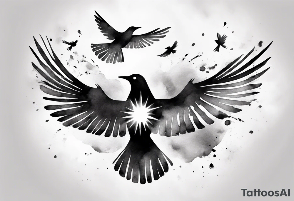 shoulder tattoo with light rays with birds flying free among the clouds, round shape, 3d effect tattoo idea shoulder tattoo with light rays with birds flying free among the clouds, round shape, 3d effect tattoo idea