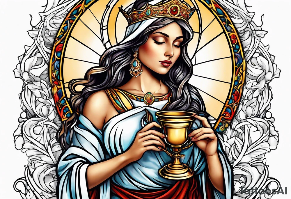 holy saint woman turned away
 holding a chalice tattoo idea