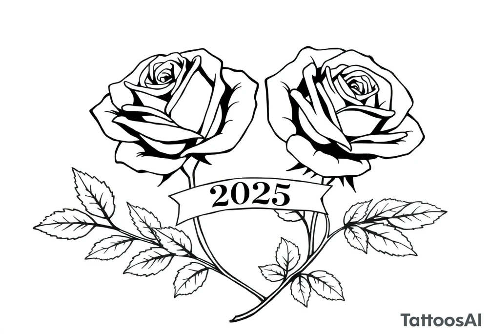 two beautiful large rose buds, one larger than the other, with many leaves next to the rose buds, with one sitting higher than the other. Include a banner connecting the two roses with the year 2025 on it.   Use dark outlines with little shading. The two stems should be short, not long, and connect and join into one stem, whimsically curved or twisted - not straight down. tattoo idea
