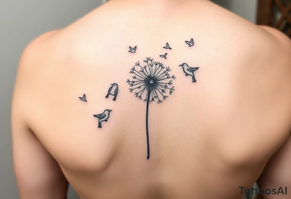 Dandelion tattoo representing motherhood, blowing in the wind giving myself to the next generation. Five birds for my children and two white birds for the children I lost. Whimsical and fine line. More artistic and soft. Still not right. Try again tattoo idea