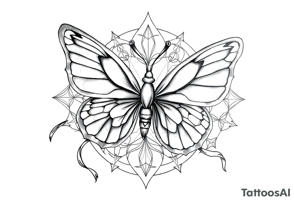 ethereal butterfly with flowing silk ribbons in geometric mandala tattoo idea