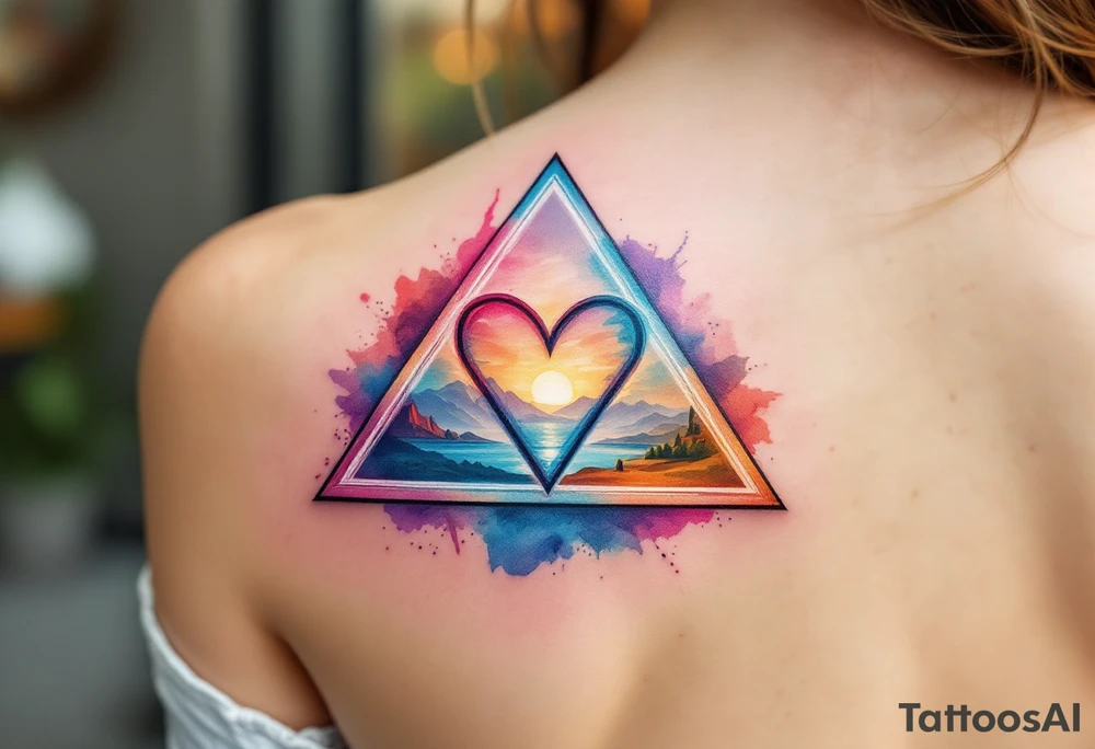 A triangle with a big heart in the center with a world travel theme tattoo idea