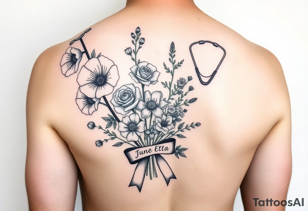 Half arm sleeve of 3 hollyhock flowers, one wild rose, 5 wild flowers in a bouquet with ribbon bow towards the bottom like the just got picked. On the ribbon include three names: June Etta, Roxy, Rosalie. Next the bouquet put a full realistic stethoscope tattoo idea