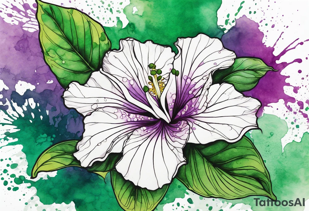 An outline of a green rio dipladenia flower and a green and purple watercolor splash in the background tattoo idea