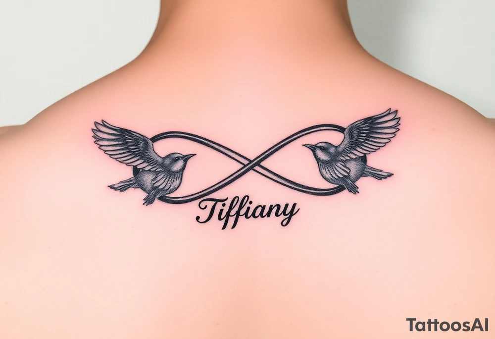 Infinity symbol with birds and the name Tiffany attached to the symbol tattoo idea