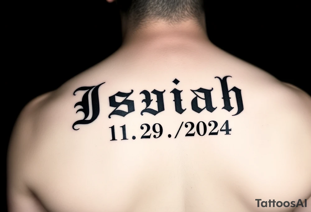 The name Isaiah in old english font and the date 11/29/2024 in Roman numerals tattoo idea