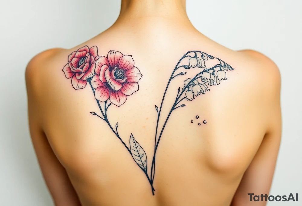 Carnation, Astor, Rose, Lily of the valley, Larkspur with realistic, stems, running down middle of the back tattoo idea