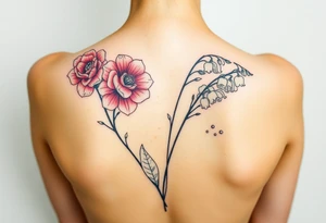 Carnation, Astor, Rose, Lily of the valley, Larkspur with realistic, stems, running down middle of the back tattoo idea