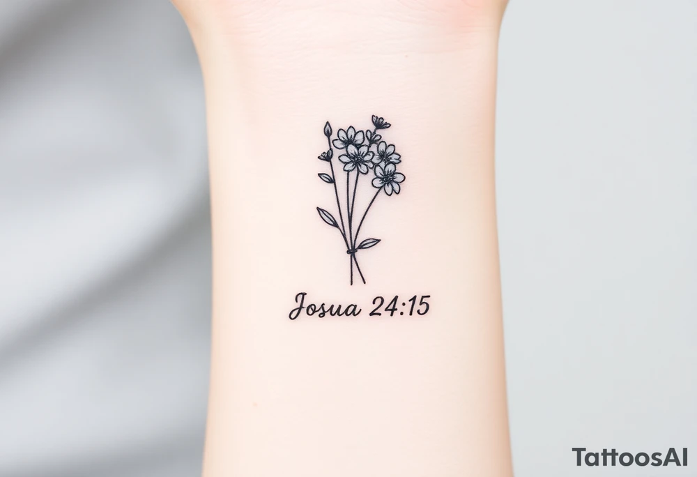 MINI BUNCH OF FLOWERS at the top, drawn in single-needle fine line

“Joshua 24:15” sits underneath in tiny, clean lettering

Vertical flow = elegant, feminine, and perfectly suited to the inner wrist

Overall height: ~5–7 cm (subtle, timeless, not heavy) tattoo idea