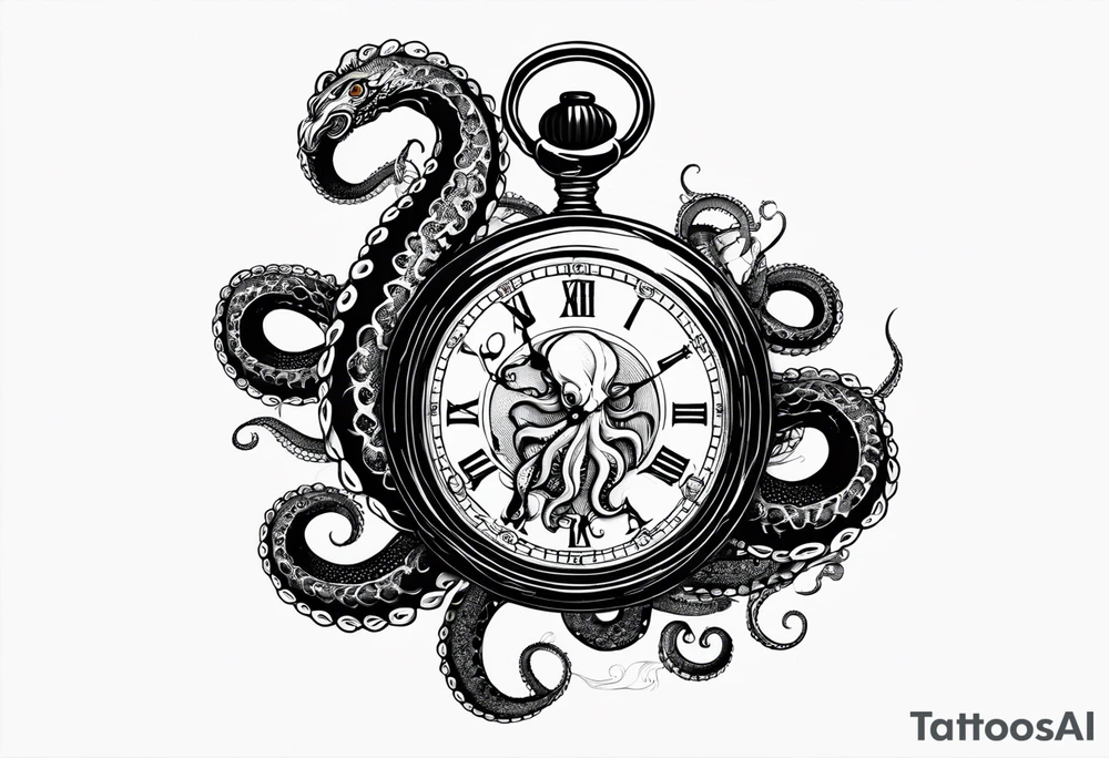 pocket watch being attacked by an aggressive octopus tattoo idea