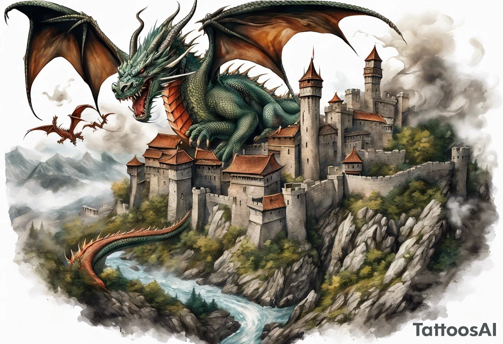 3 dragons flying around the highest part of the castle, defending it from a village with angry people, angry villagers around the castle, realistic tattoo idea