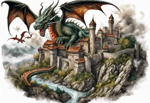 3 dragons flying around the highest part of the castle, defending it from a village with angry people, angry villagers around the castle, realistic tattoo idea