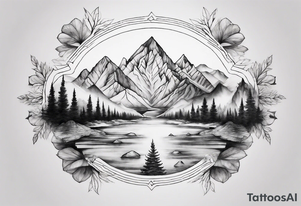•	Create a mandala incorporating elements of nature like mountains, trees, and rivers to symbolize harmony and balance. tattoo idea