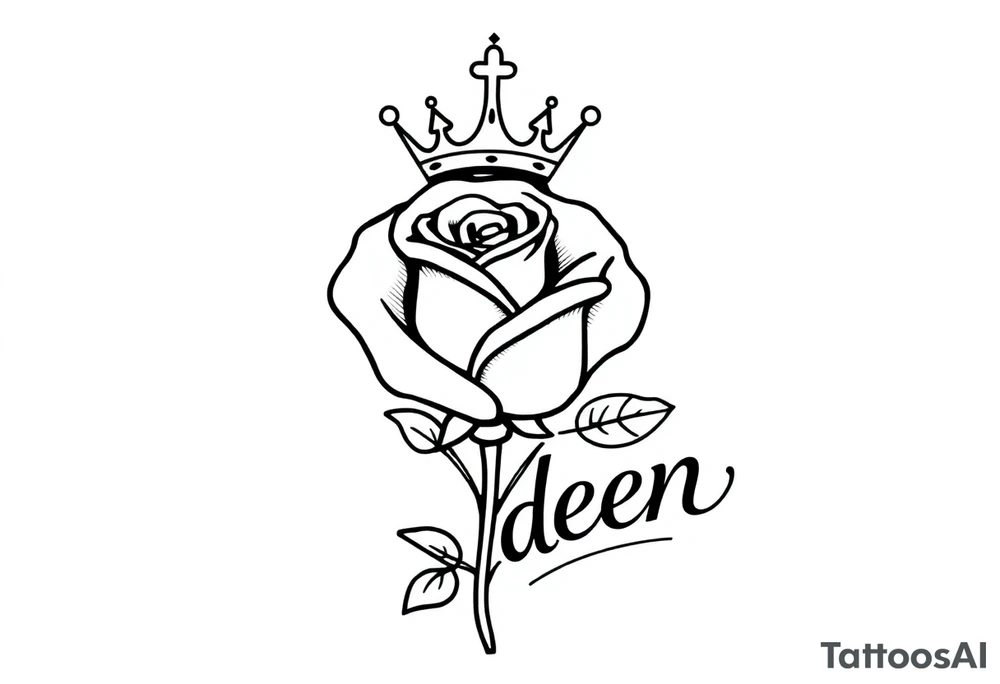Rose with no stem with a kings crown above it and the name Aiden large Infront of it going to the right tattoo idea