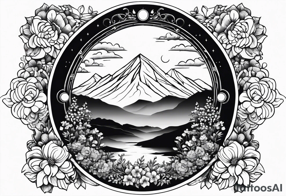 night town mountains garden gate entrance
in circle vignette surrounded by clouds floral tattoo idea