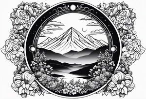 night town mountains garden gate entrance 
 in circle vignette surrounded by clouds floral tattoo idea