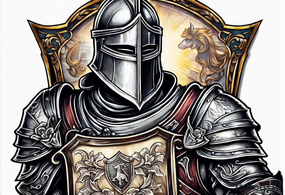 a knight with a bible on his shield tattoo idea