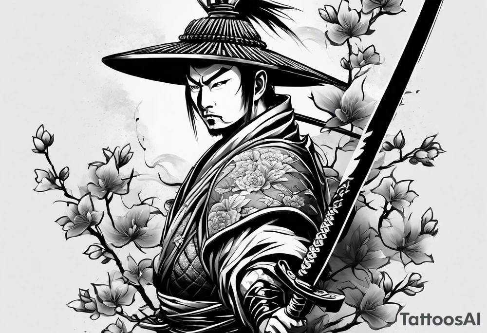 Ronin with samurai sword in blood, for a forearm
Should contains sakura leaves 
The tatoo should show i have dedication, respect and inner strength, and I try to become better everyday tattoo idea