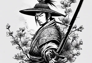 Ronin with samurai sword in blood, for a forearm
Should contains sakura leaves 
The tatoo should show i have dedication, respect and inner strength, and I try to become better everyday tattoo idea
