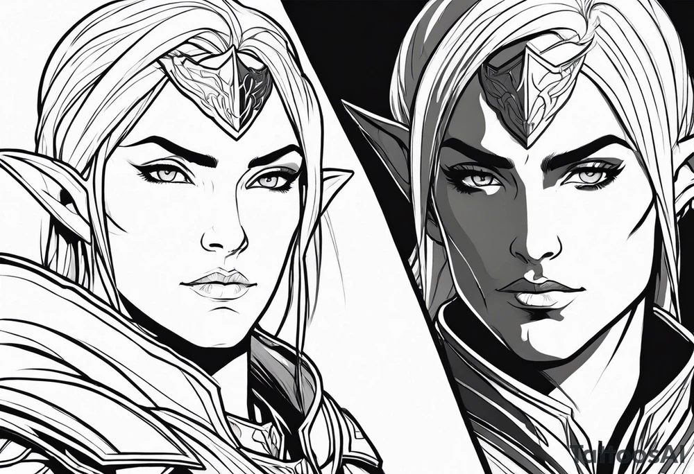 Sketch a 3/4 profile of an androgynous elven warrior with a majestic, epic, and heroic facial appearance and short hair in a fantasy comic book style. Sketch only in simple, clean contour lines. Sketch with dynamic movement rendered only in thick outer lines of black ink, with only outer strokes and contours. The genderless elf's face has a serious, resolute expression, and the figure holds an ornate sword in his hand. Create a backdrop with the moon and mountains on the horizon forming the setting behind the character. The figure has narrow eyes, furrowed brows, and lips pressed into a thin, strong line, demonstrating unwavering determination framed by the silhouette of a royal crown of metal leaves. The elven features are defined by hard, defined cheekbones, an angled, defined forehead, a hard, strong jaw, and strong, pointed ears. Sketch only with outer contours in black ink; art should be high contrast black and white only. Sketch is just outer lines with black ink concept art style, developed for fantasy comic book characters tattoo idea