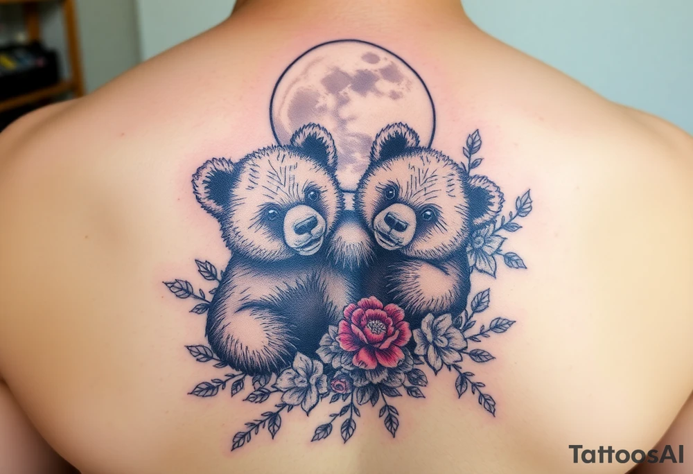 Tattoo, two realsistic baby brown bears, moon, colored carnations and vines, 9-28-14, "Bear is life", tattoo idea