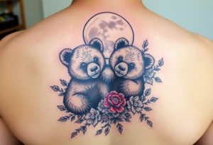 Tattoo, two realsistic baby brown bears, moon, colored carnations and vines, 9-28-14, "Bear is life", tattoo idea