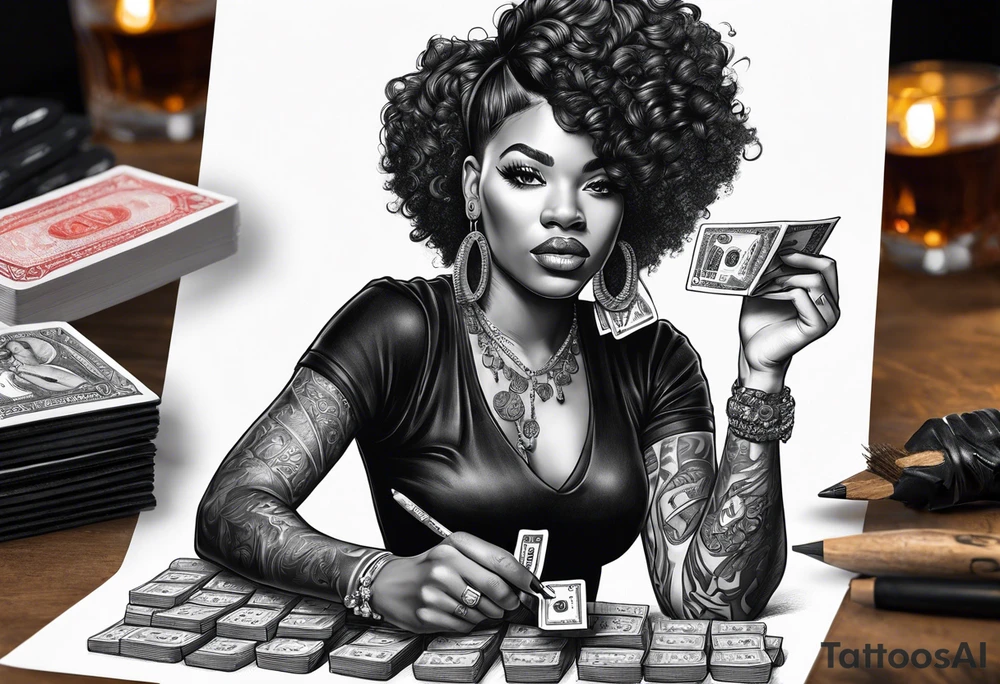 black woman bitting money dice cards whiskey tattoo idea