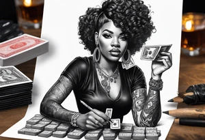 black woman bitting money dice cards whiskey tattoo idea