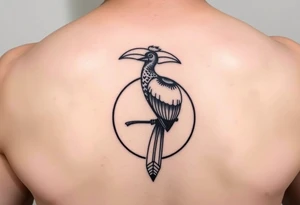 image of a Kalimantan ivory hornbill perched in a circle with a Dayak motif tattoo idea