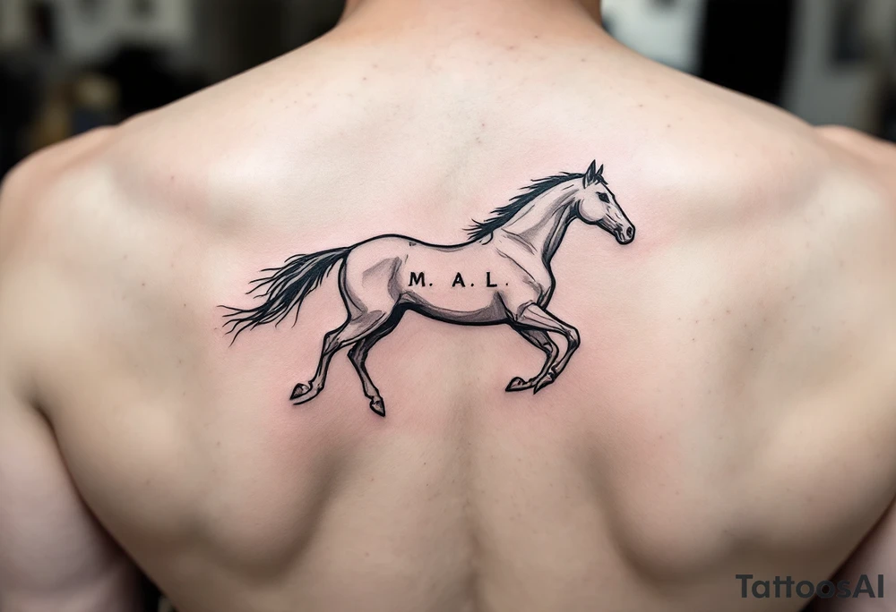 horse silhouette 
from the front which gallops from the front, with the 3 small letters discreetly integrated: M, A, L tattoo idea