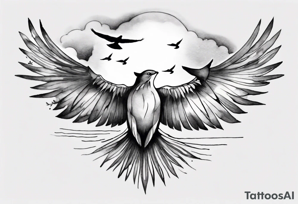 a shoulder tattoo with lots of rays of light in gradient starting from the middle
, clouds and birds flying free tattoo idea