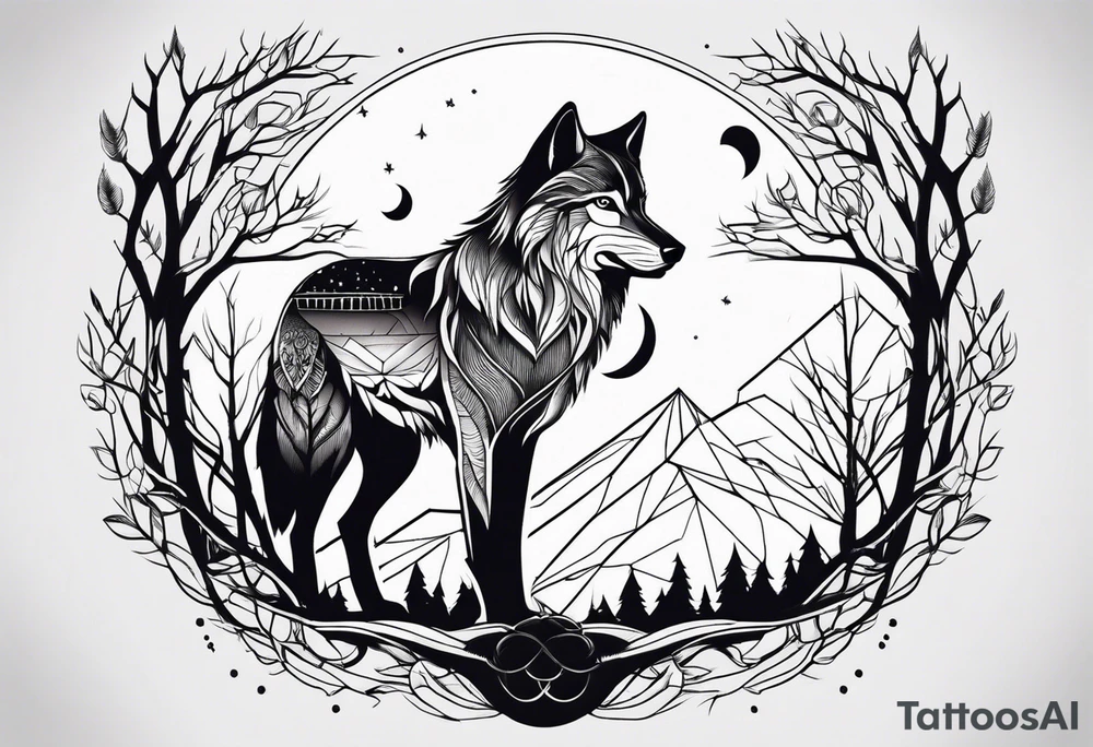 Wolf with moon, trees and owl tattoo idea