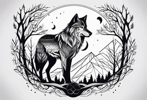 Wolf with moon, trees and owl tattoo idea