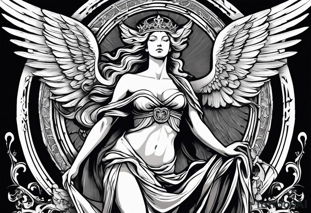 "Imagine the goddess Justitia, depicted in a striking black and white tattoo style. She stands tall, her body fully draped in flowing linens that cascade elegantly. Her blonde hair completely covers her face, adding an air of mystery. Justitia has two large wings: one is angelic and pristine white, stretched out majestically, while the other is bent, dark, and tattered, symbolizing the duality of justice. In her hands, she holds a balanced scale, emphasizing her role as the arbiter of fairness. A flowing banderole wraps around her body, inscribed with the expression 'MEMENTO VIVERE'. The overall composition is intricate and evocative, capturing the essence of justice with detailed line work and shading that enhances the tattoo style. The contrast between light and dark elements is highlighted, with her body abstract and blending seamlessly into the background. The background features subtle, swirling patterns that add depth and complexity to the design." tattoo idea