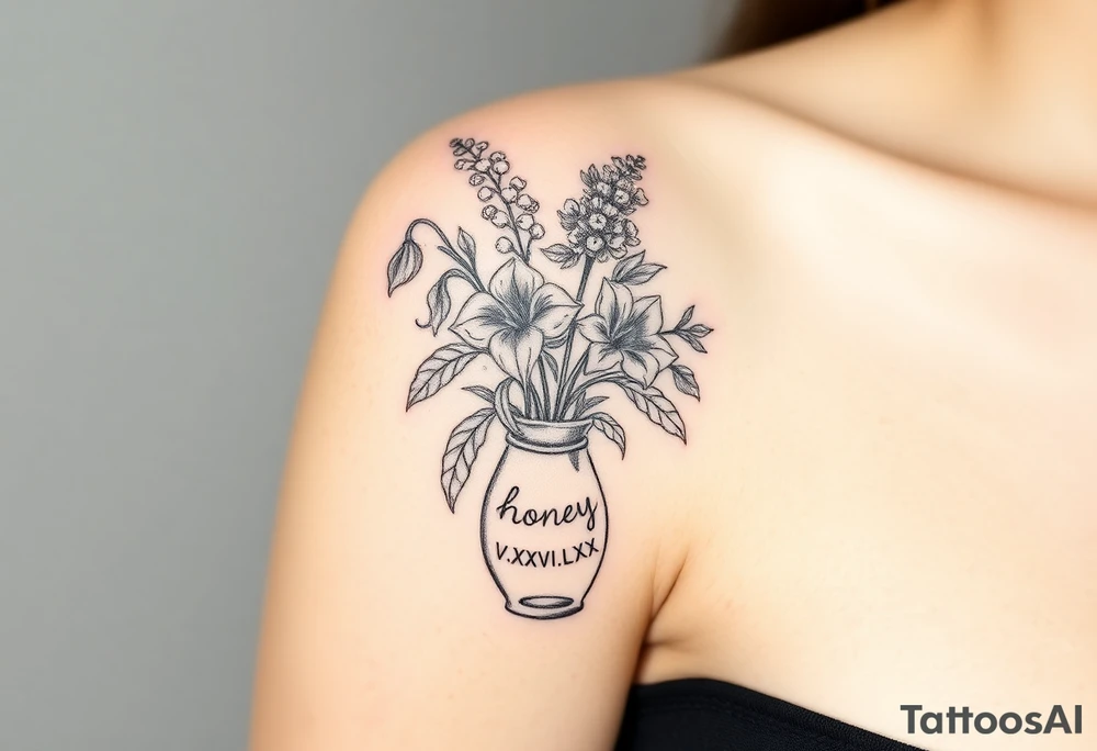 lily of the valley, hawthorn and birds of paradise flowers in a vase that says 'honey' on it with V.XXVI.LXX tattoo idea