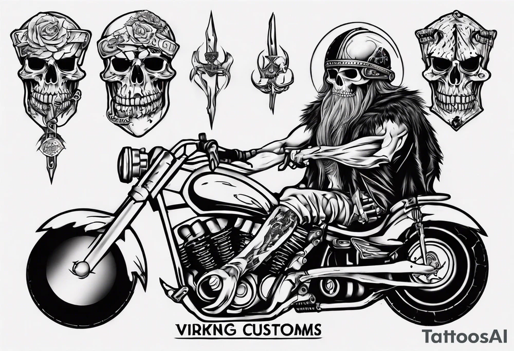 I want a tattoo of a motorcycle and a skeleton in the back with the name “Viking Customs” incorporated in the design tattoo idea
