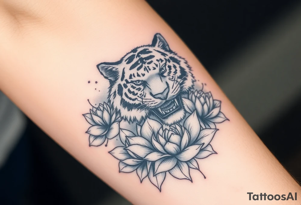 fierce tiger emerging through blooming lotus flowers in mist tattoo idea