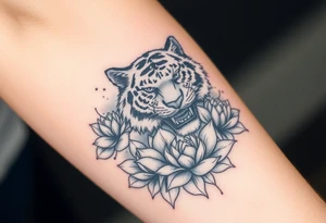 fierce tiger emerging through blooming lotus flowers in mist tattoo idea